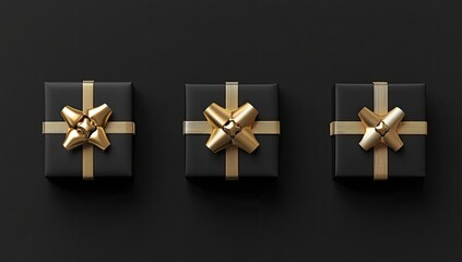 Three black gift boxes with gold ribbon