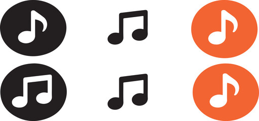 Music note icons in black white and orange circles representing sound themes and musical concepts for various applications