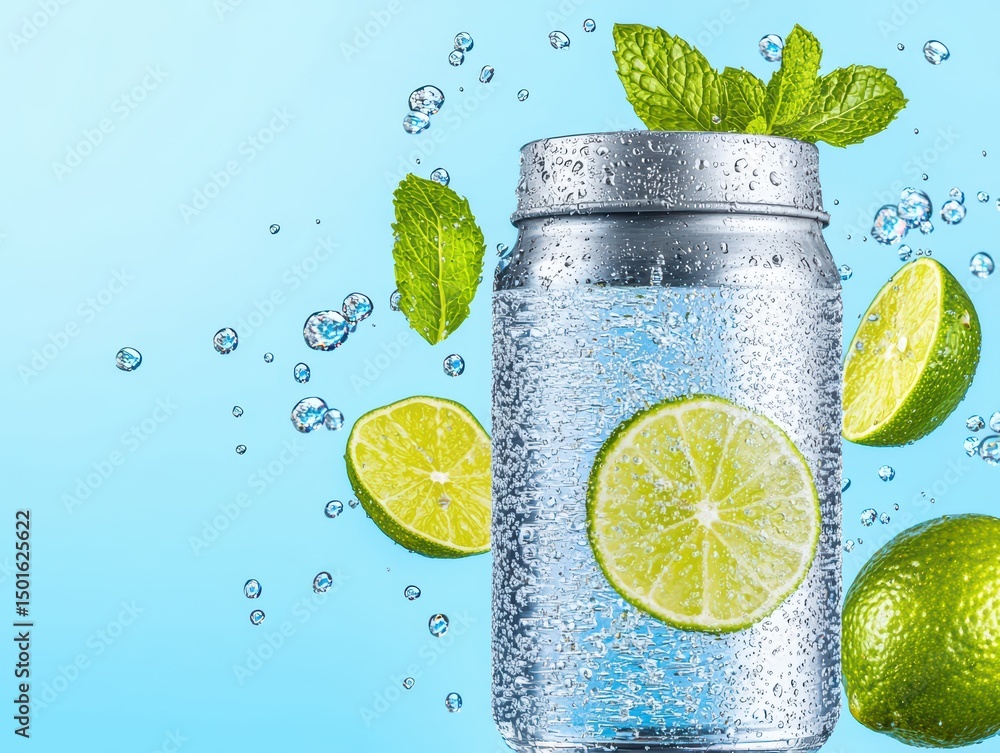 Poster refreshing sparkling water with lime and mint garnish in jar surrounded by bubbles and slice on blue