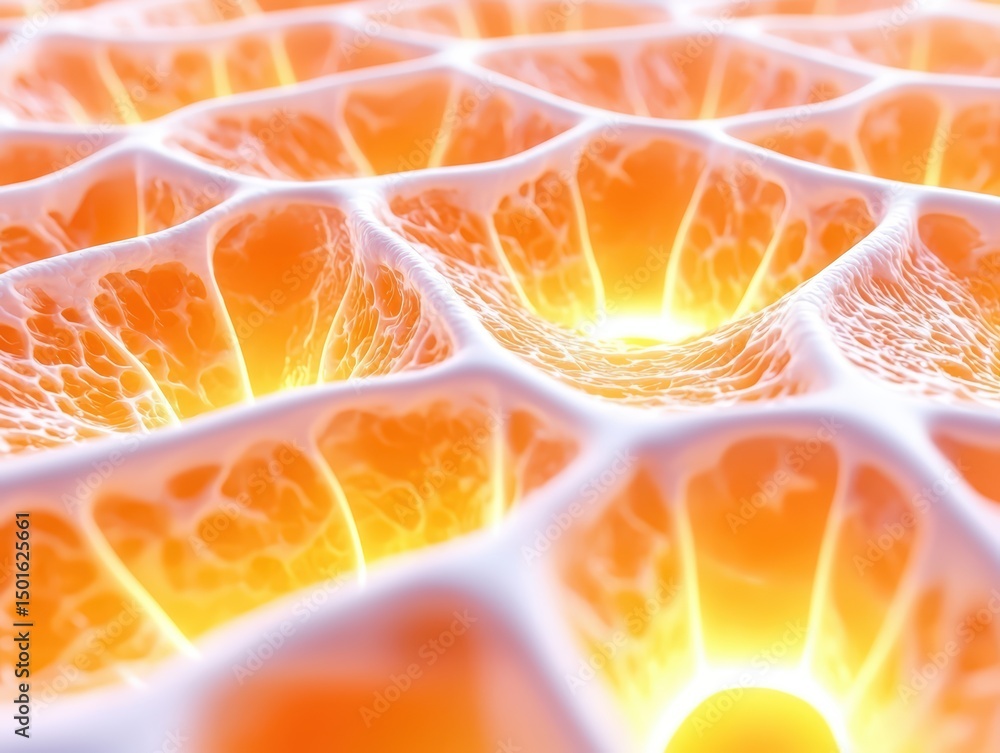 Poster intricate cellular structure with luminous patterns in orange and yellow hues representing modern bi