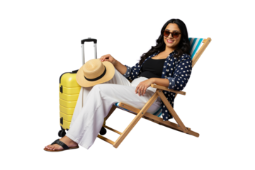 Elegant vacationer lounging in beach chair with bright yellow luggage and straw hat enjoying tropical getaway vibes