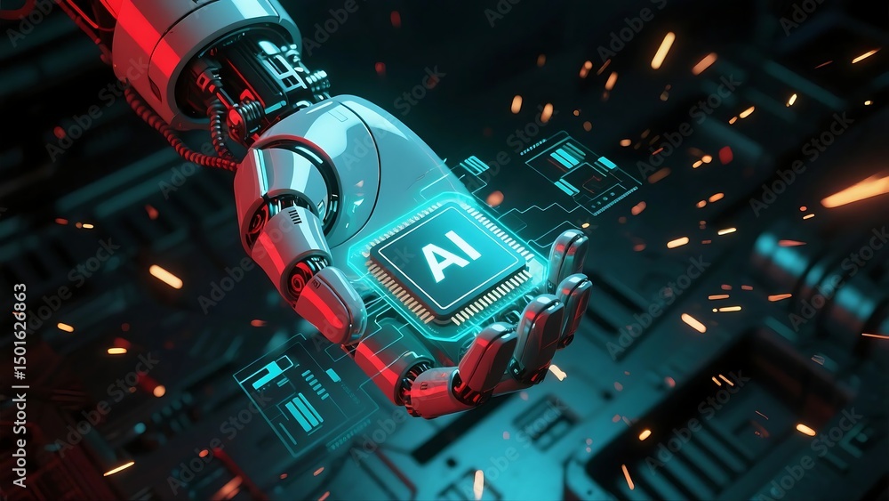 Poster futuristic ai agent concept with glowing interface, smart chip, and holographic technology, represen