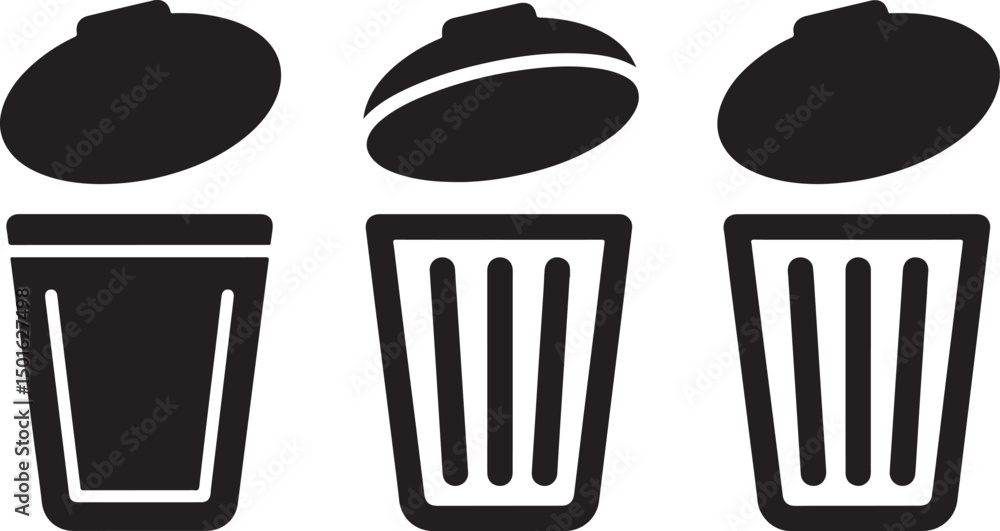 Poster vector illustration of trash can icons in various open and closed lid positions for waste management