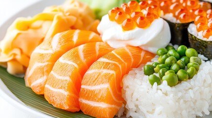 Fresh and Colorful Sushi Platter with Salmon, Nori, Rice, and Garnishes on a Decorative Plate