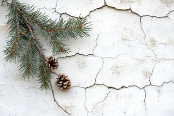 Decorative pine branches on a weathered white wall.