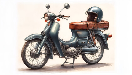 vintage motorcycle isolated on white. Two-wheeled vehicle. Illustration of a scooter with a helmet
