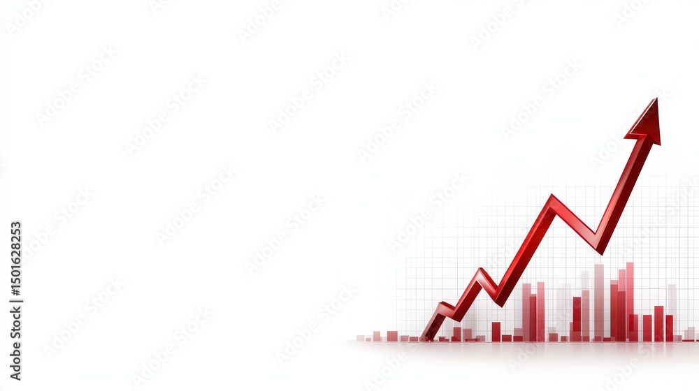 Poster dynamic red arrow indicating growth and success on a chart with grid background for financial concep