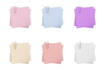 Sticky notes with paper clip set on white background. Multicolored of paper notes template design