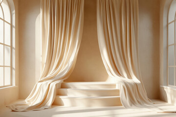 Minimalist 3D rendered scene with beige rectangular podium and draped fabric creating elegant folds