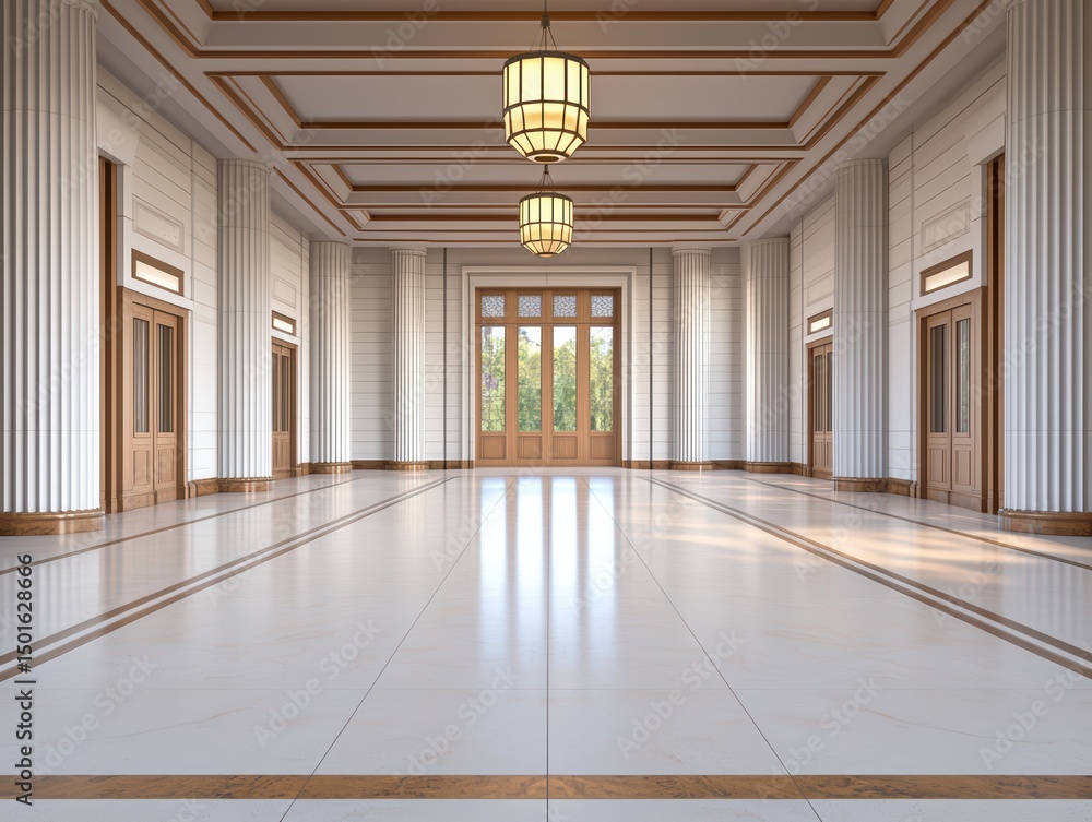 Poster elegant and spacious interior with tall columns and stylish lighting in modern architecture design