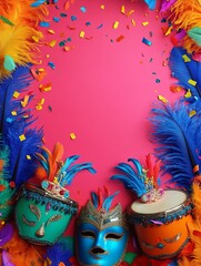 Brazilian carnival frame with feathers, samba drums, colorful masks, and confetti, vibrant party mood with gradient background