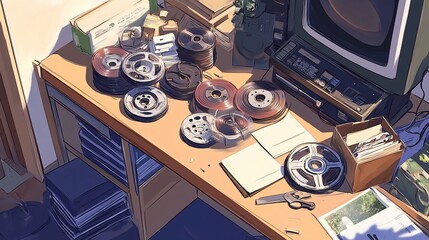 Vintage Reel-to-Reel Tapes and Retro Tech on Wooden Desk