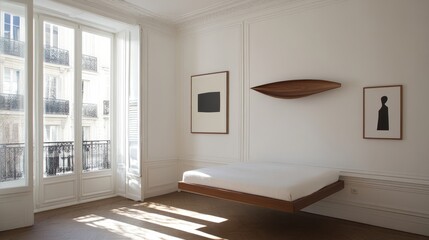 Naklejka premium Minimalist bedroom with floating bed, sunlight, and artwork