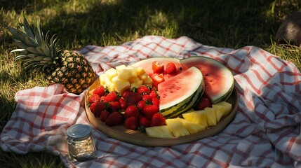 Summer Picnic: Watermelon, Pineapple, and Strawberries on a Gingham Blanket