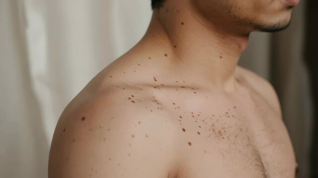 Closeup of a person's back with acne and blemishes.