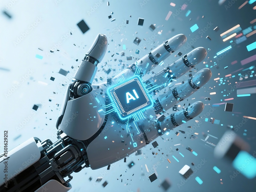 Poster robotic hand bursting with colorful digital data particles from a glowing ai chip. represents artifi