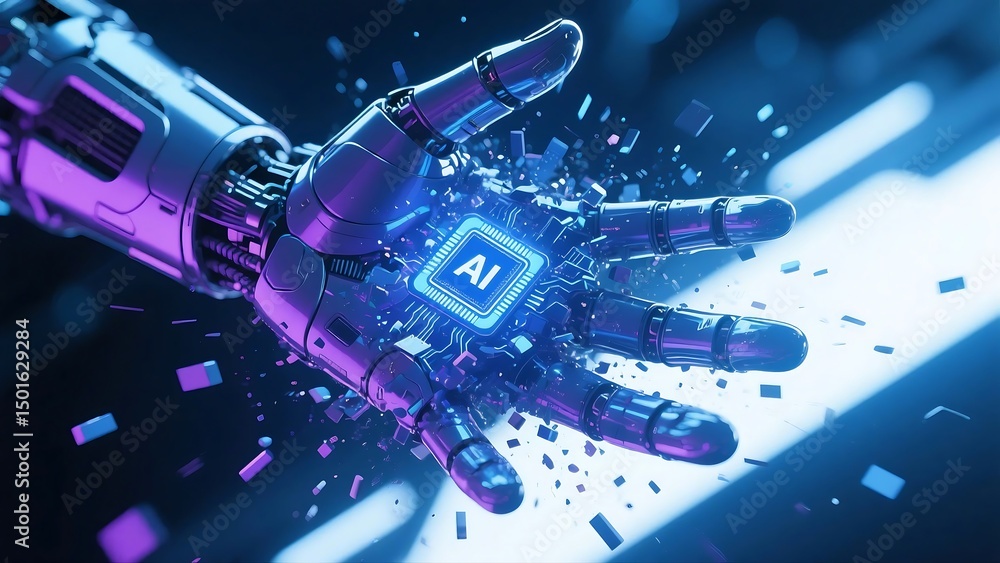 Poster robotic hand bursting with colorful digital data particles from a glowing ai chip. represents artifi
