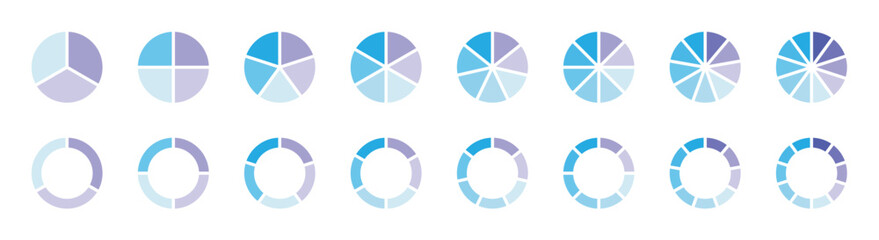 Circle pie chart diagram. Pie chart color icons. 1,2,3,4,56,7,8,9,10,11,12 segment infographic. Colorful diagram collection with sections or steps. Wheel round diagram part symbol. Vector illustration