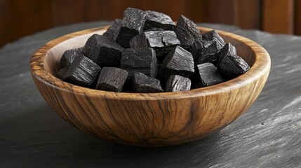 Dark Cubes in a Wooden Bowl: A Study in Texture and Contrast