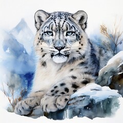 Fototapeta premium Schneeleopard auf Felsen – Aquarell in kühlen Farbtönen