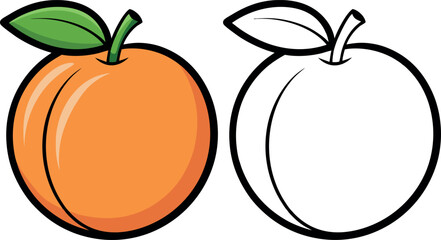 Vibrant Peach Illustration with Green Leaf and Black and White Peach Outline for Coloring, Art Projects, Fruit Design, Clipart, Printable Template, Kids Activity, Juicy Organic Summer Produce Sketch