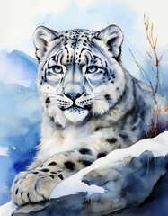 Obraz premium Schneeleopard auf Felsen – Aquarell in kühlen Farbtönen