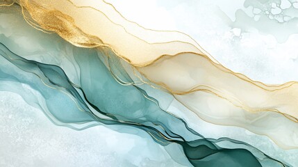 Abstract Fluid Art: Teal, Gold, and White Swirls