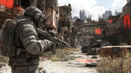 Post-Apocalyptic Soldier in Ruins, Future Warfare Scene