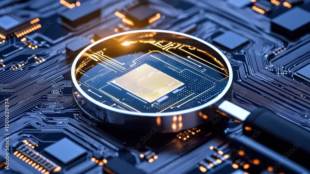 Poster magnifying glass over computer chip on blue circuit board background featuring high-tech electronic 