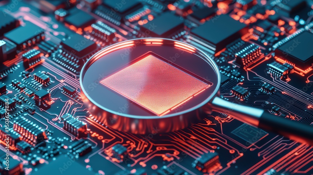 Poster close-up view of a microchip with magnifying glass on a circuit board with red and blue light effect