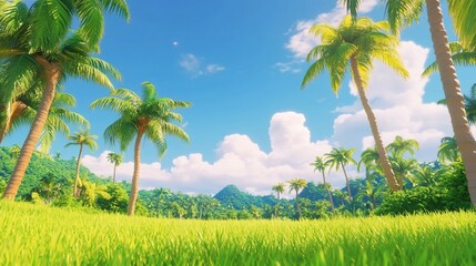 Lush Tropical Paradise: Vibrant Palm Trees and Sunny Meadow