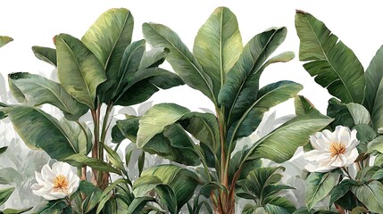 Lush tropical banana plants and delicate white flowers create a vibrant botanical illustration perfect for textile design and home decor.
