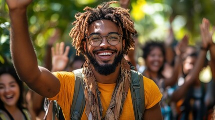 Man waving, group hiking in jungle, sunny day