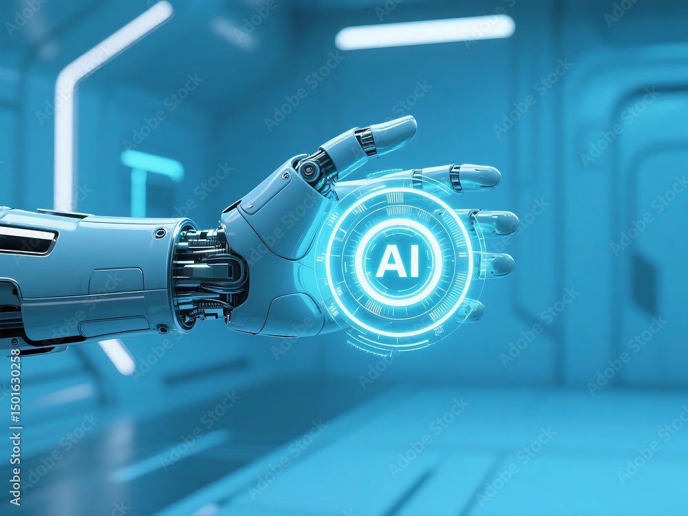 Poster futuristic ai chip in a mechanical hand, glowing with energy. ideal for machine learning and smart t