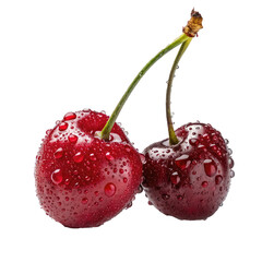 fresh wet cherries, Cherries with water drops, Two cherries feature water droplets and a green leaf atop one, top view	