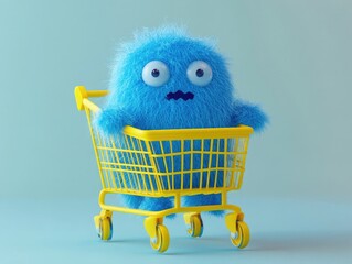Fluffy blue creature in a yellow shopping cart