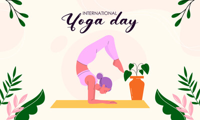 International Yoga Day Flat Hand Drawn Illustration with Woman Performing Yoga Poses. Perfect for Banner, Background, Poster, Wellness Campaigns, Yoga Promotions, Ad Templates, and Digital Content.