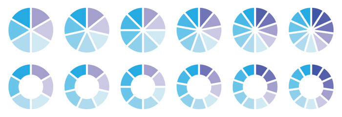 Pie chart set. Pie chart divided 6,7,8,9,10,11,12 equal parts. Circle section graph. Infographic wheel segment or section parts. Circle division infographic icon set. Vector illustration 