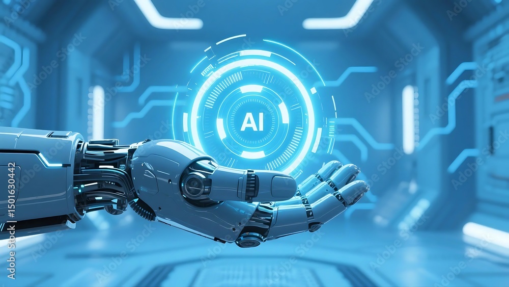Poster robotic hand holding a glowing ai chip, symbolizing futuristic artificial intelligence and advanced 