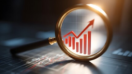 Magnifying glass emphasizes business growth with red chart illustrating rising trends and positive financial outcomes
