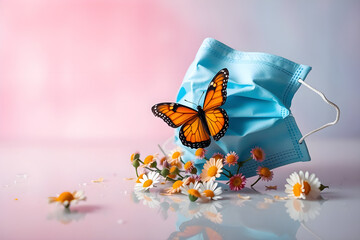 surreal photograph intense dramatic lighting highlights a blue surgical mask with a bright orange and black butterfly. Pastel flowers and daisies surround them against a soft pink