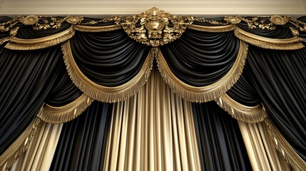 Opulent Black and Gold Drapery with Intricate Gold Accents