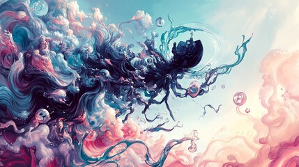 Abstract Fluid Dreamscape: Ethereal Swirls and Celestial Bubbles