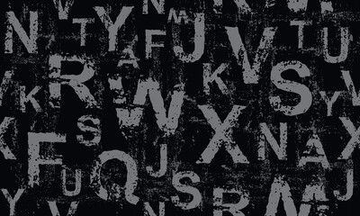 Letters seamless pattern. Dark grunge background with inscriptions. Scattered letters of the English alphabet. 