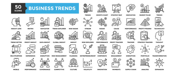 50 Business Trends icon set. Containing design business, financial, finance, trend, strategy, target	
