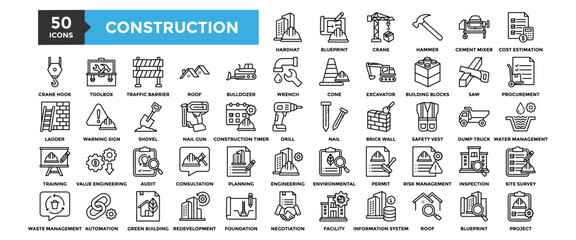 50 Construction icon set. Containing design industry, construction, site, business, safety, architecture	