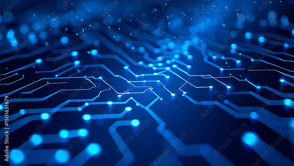 Poster abstract circuit board technology background glowing blue nodes and pathways