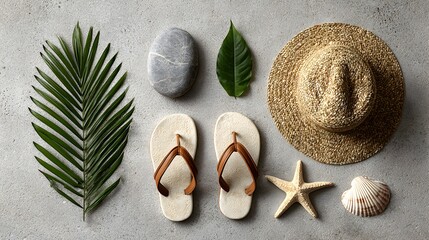 A stylish flat lay showcasing summer essentials: straw hat, flip flops, palm leaf, smooth stones, seas, and starfish on a neutral background.
