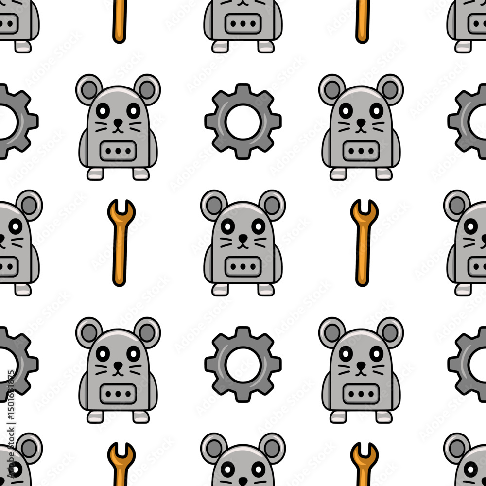 Aufkleber seamless vector pattern featuring cute grey mouse robots, gears, and wrenches, creating a playful an