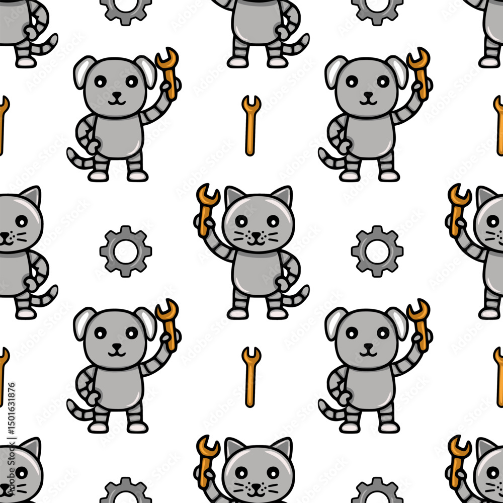 Aufkleber seamless vector pattern featuring adorable robotic cats and dogs holding wrenches, accompanied by ge